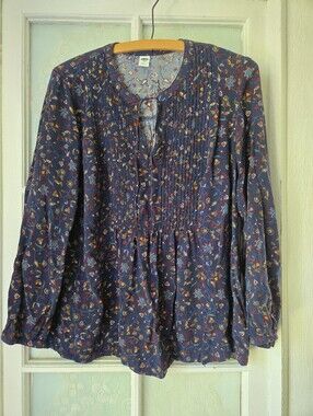 Old Navy Navy Blue Floral Pintuck Peasant Blouse